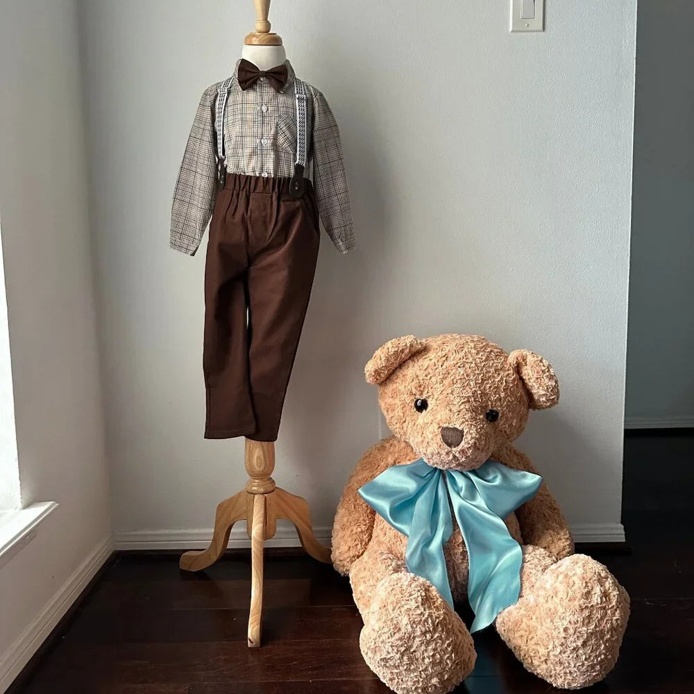 NWT Handsome Boys Dress Shirt Bow Tie Pants & Suspender Matching Set Brown 9-12M - Picture 6 of 6